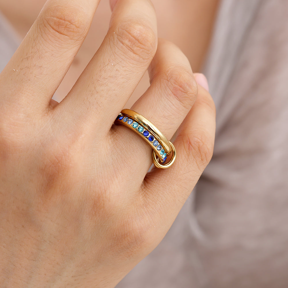Azure Duo Ring – linked stainless steel double ring with blue gradient zircon band