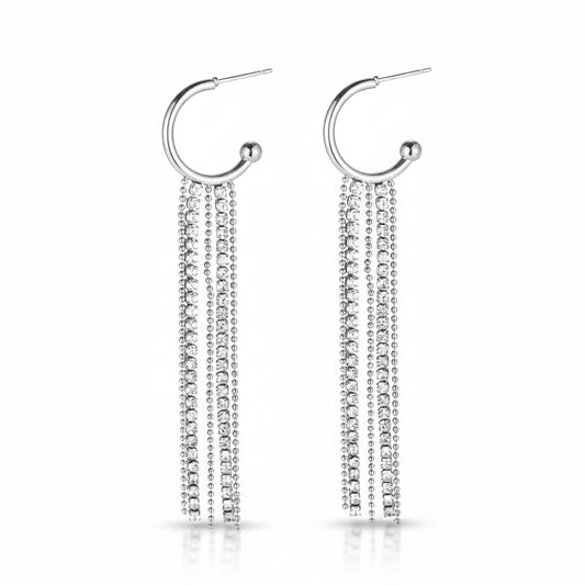 White gold-plated stainless steel hoop earrings with triple cubic zirconia strands – naušnice.