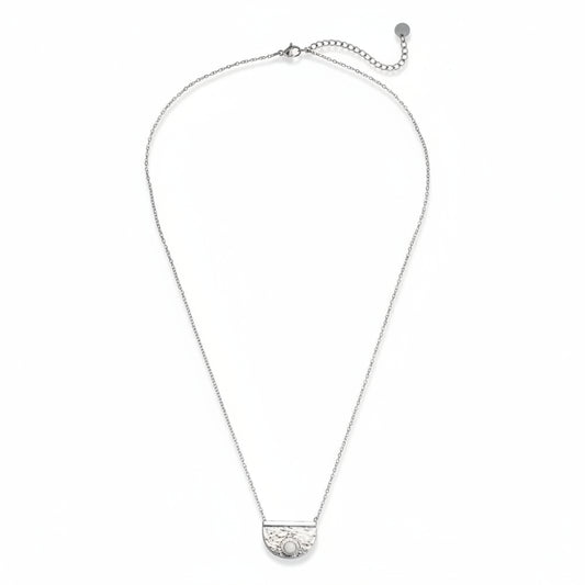 White gold-plated stainless steel delicate half-moon pendant necklace with sun and star motif – ogrlica