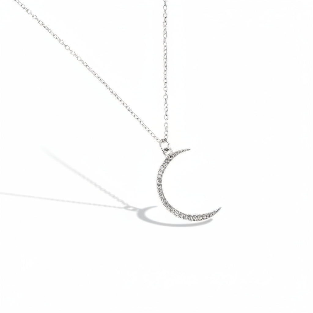 White gold-plated stainless steel delicate crystal crescent moon pendant necklace – ogrlica