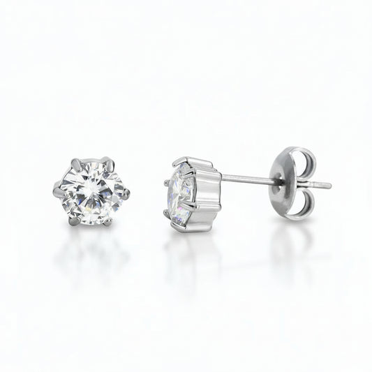 White gold-plated stainless steel solitaire stud earrings with 6mm round cubic zirconia in six-prong setting – naušnice