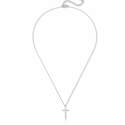 White gold-plated stainless steel delicate cross pendant necklace with fine chain – ogrlica