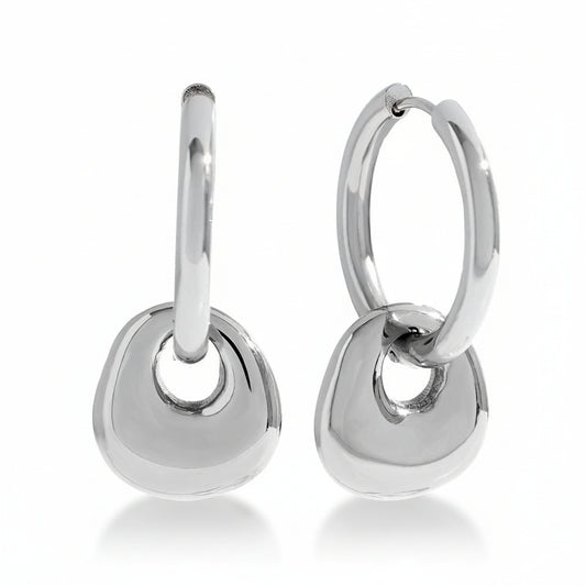 White gold-plated stainless steel hoop earrings with suspended dome charm – naušnice.