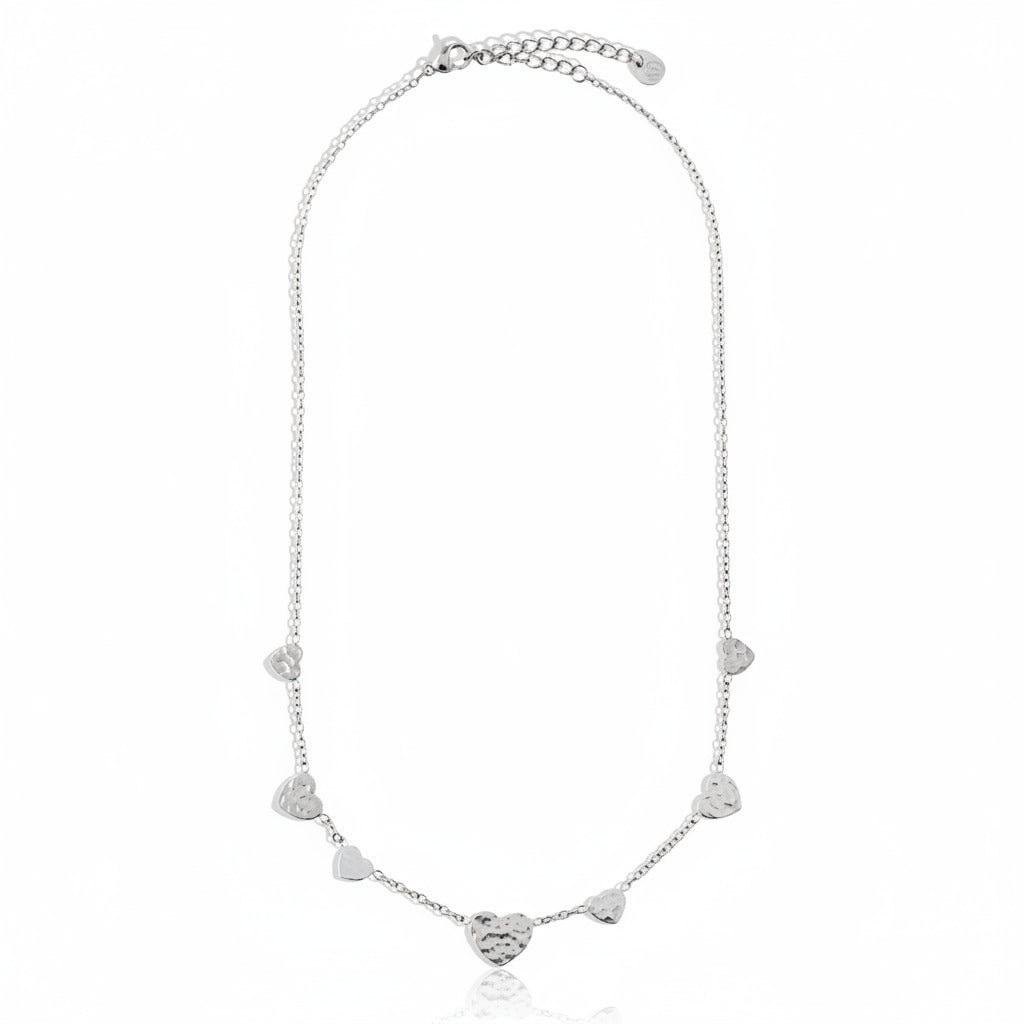 White gold-plated stainless steel delicate chain necklace with scattered mini heart charms – ogrlica