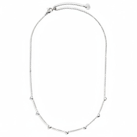 White gold-plated stainless steel fine chain necklace with scattered heart charms in asymmetric design – ogrlica