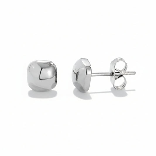 White gold-plated stainless steel geometric cube stud earrings with softened edges – naušnice