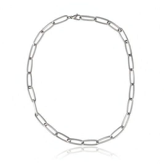 White gold-plated stainless steel statement chain necklace with textured oval links – ogrlica