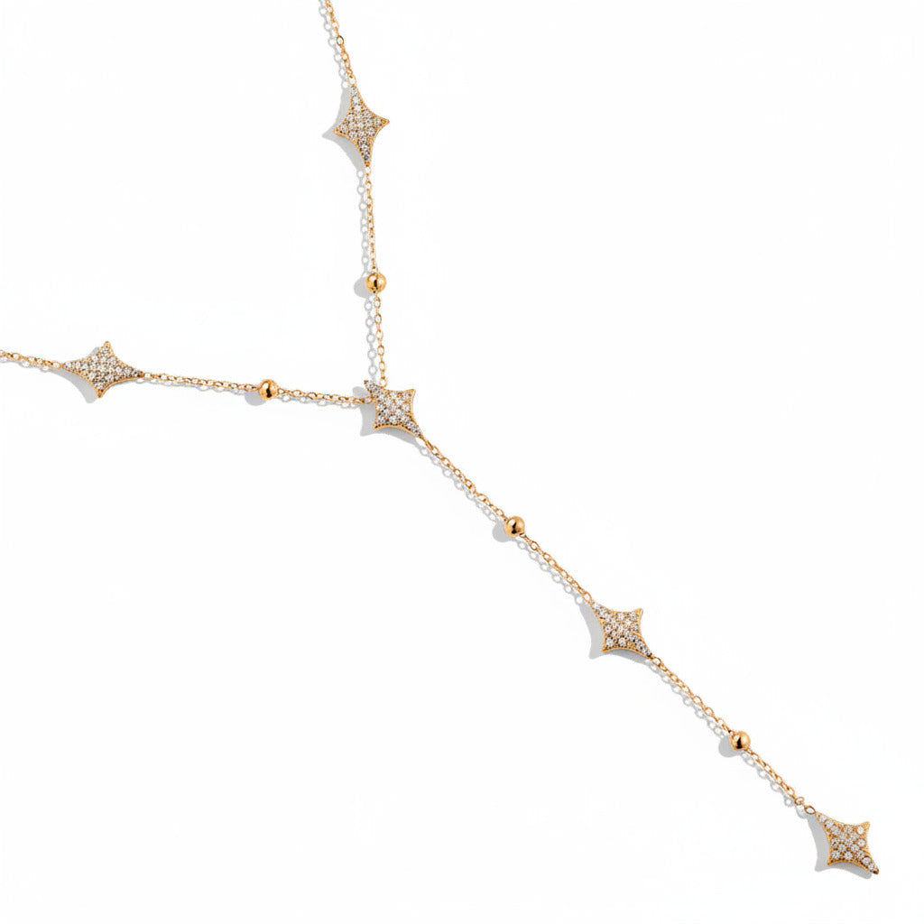 -plated stainless steel Y-shaped lariat necklace with zirconia diamond motifs and gold bead accents – ogrlica