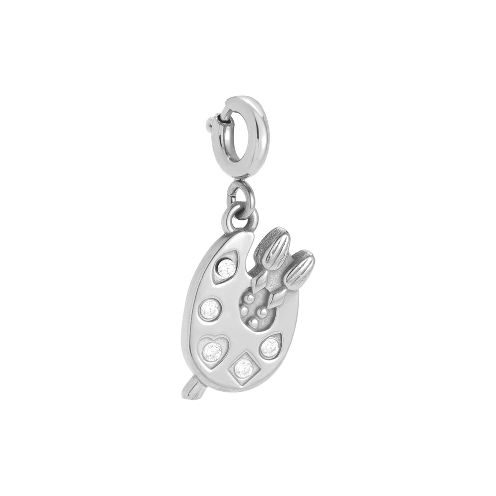 White gold-plated artist palette charm with paintbrush, crystal accents and spring clasp - privjesak