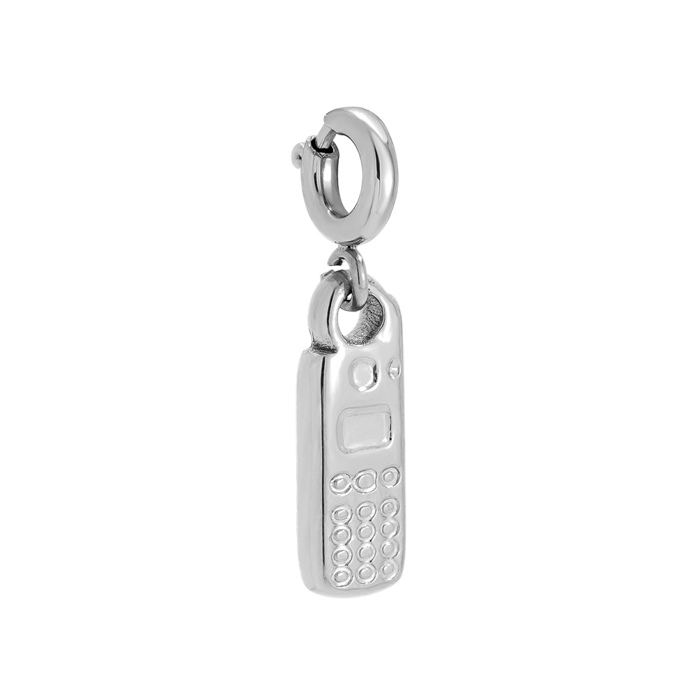 White gold-plated retro phone charm huggie hoop earring on white - privjesakbackground