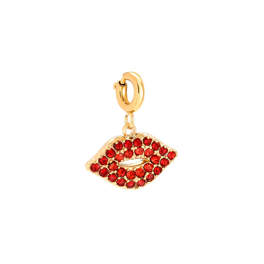 Gold-plated red lips charm with red crystals and spring clasp - privjesak