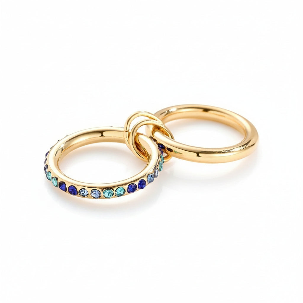 Azure Duo Ring – linked stainless steel double ring with blue gradient zircon band