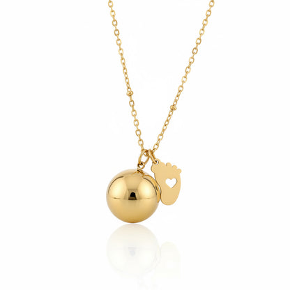 Gold-plated stainless steel satellite chain necklace with polished sphere and baby footprint heart charm – ogrlica