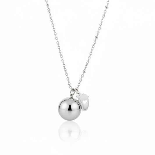 White gold-plated stainless steel satellite chain necklace with polished sphere and baby footprint heart charm – ogrlica