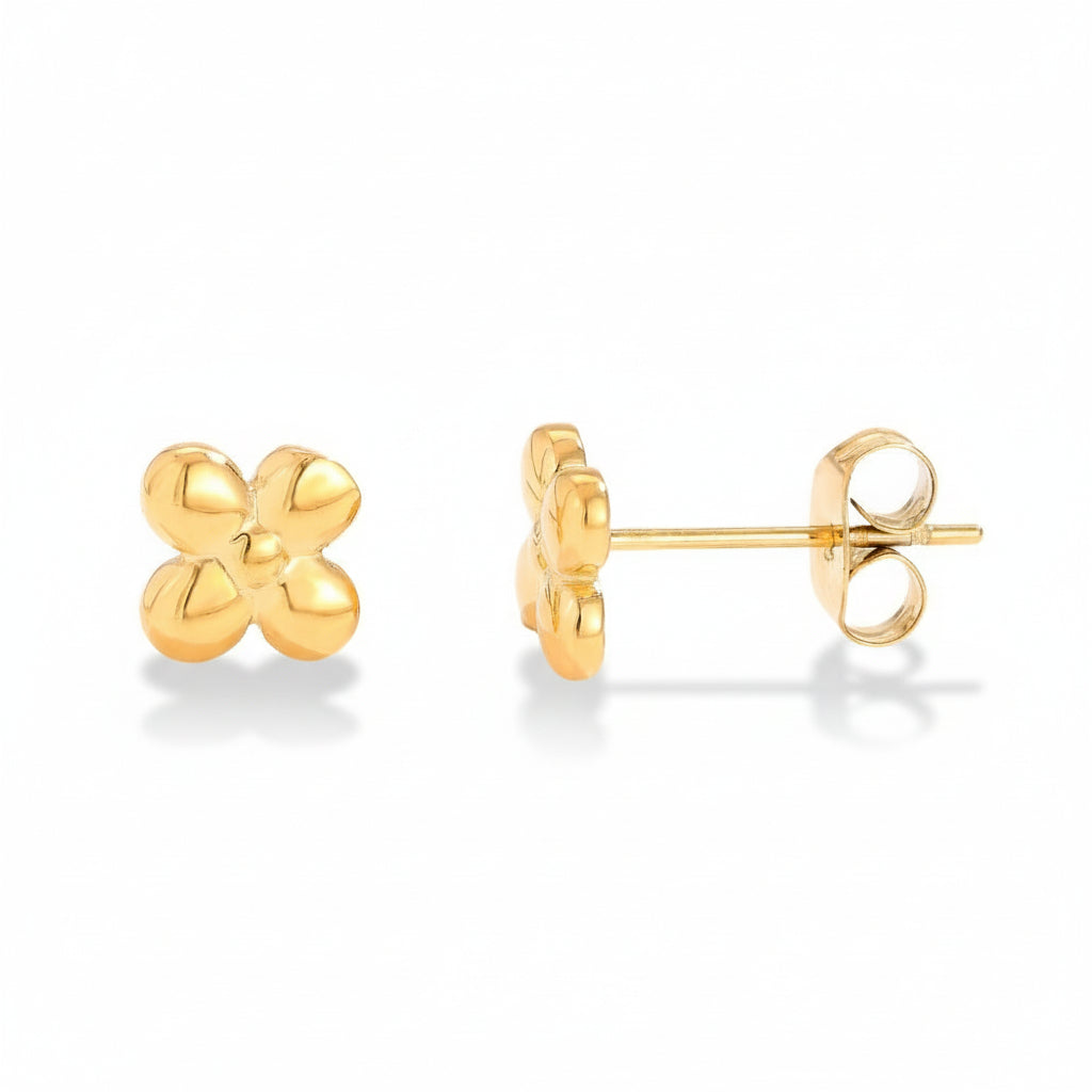 Gold-plated stainless steel flower stud earrings with four-petal design – naušnice