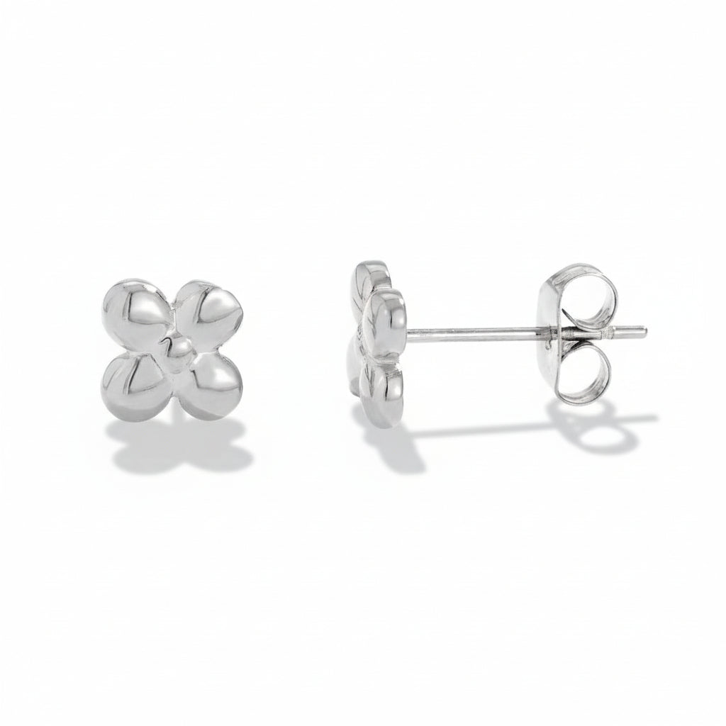 White gold-plated stainless steel flower stud earrings with four-petal design – naušnice
