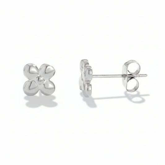 White gold-plated stainless steel flower stud earrings with four-petal design – naušnice