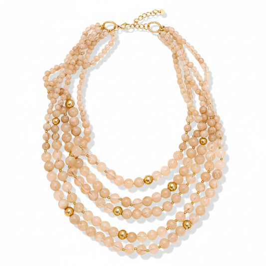 14k gold-plated stainless steel five-strand beaded statement necklace with blush acrylic beads and gold sphere accents – ogrlica