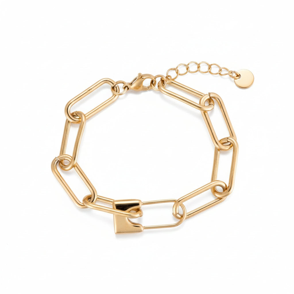 Bound by Grace Bracelet in gold - chunky chain link bracelet with lock charm, stainless steel
