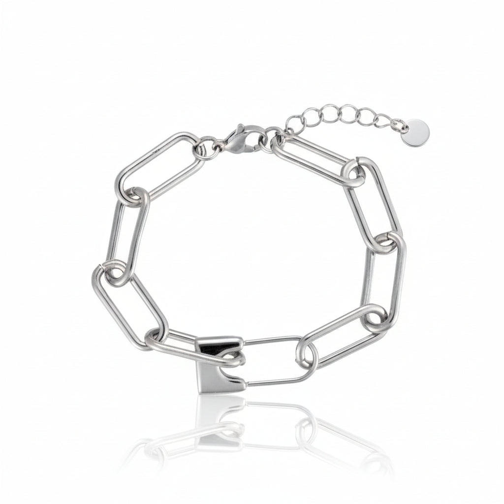 Bound by Grace Bracelet in silver - chunky chain link bracelet with lock charm, stainless steel
