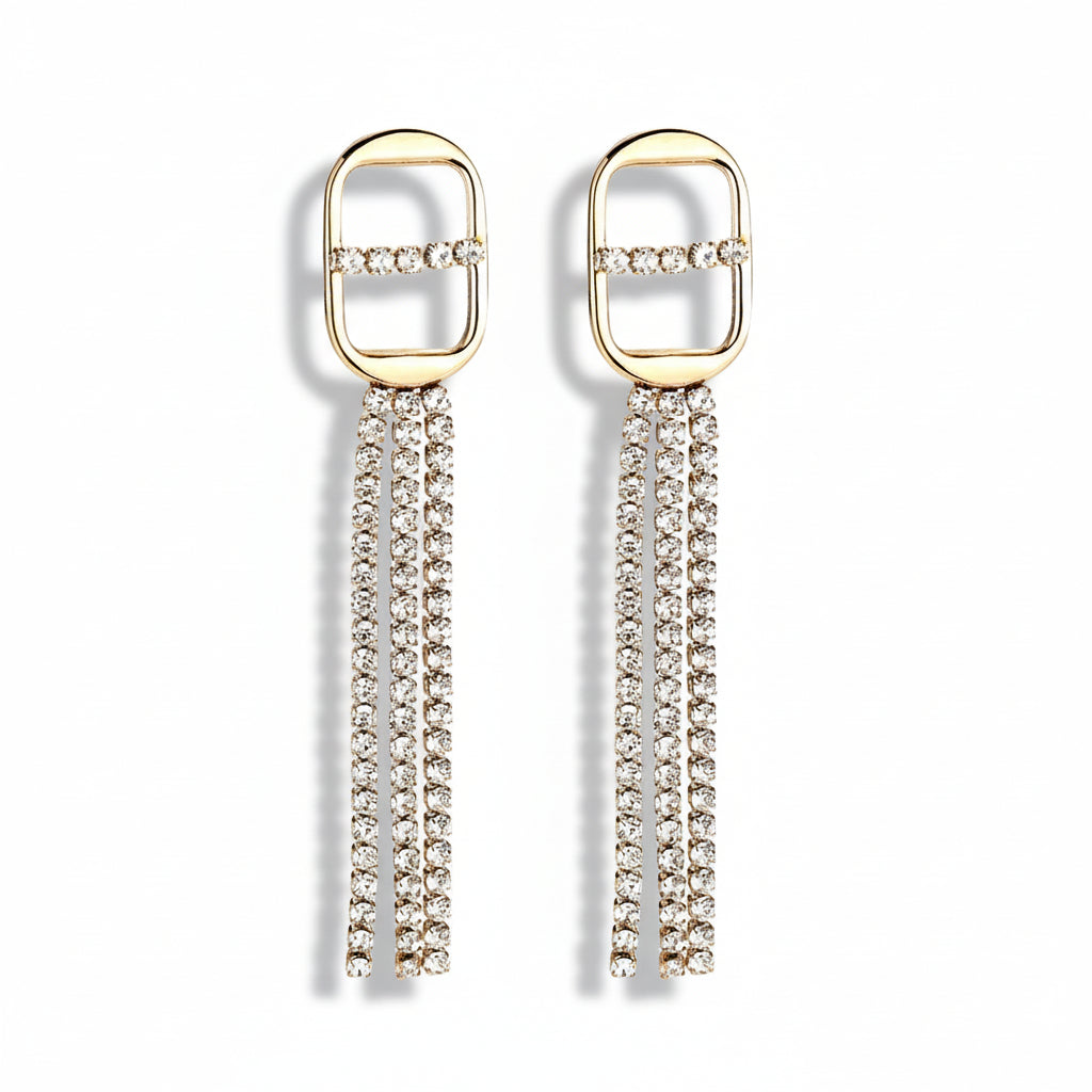 Gold-plated stainless steel drop earrings with geometric buckle and triple cubic zirconia strands – naušnice