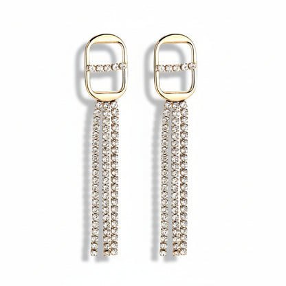 Gold-plated stainless steel drop earrings with geometric buckle and triple cubic zirconia strands – naušnice