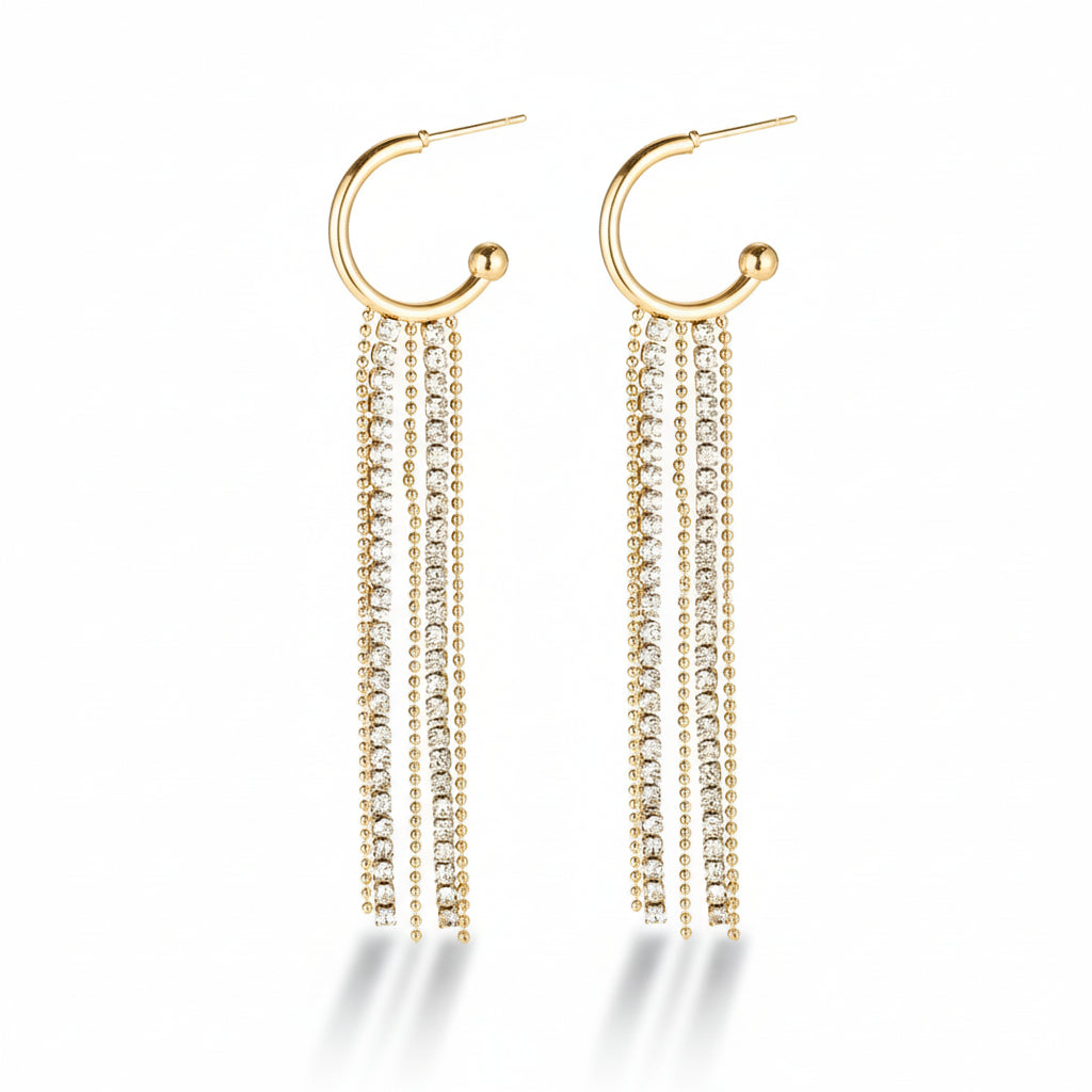 Gold-plated stainless steel hoop earrings with triple cubic zirconia strands – naušnice