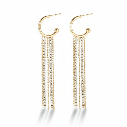 Gold-plated stainless steel hoop earrings with triple cubic zirconia strands – naušnice