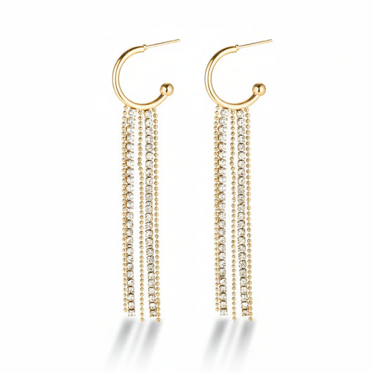 Gold-plated stainless steel hoop earrings with triple cubic zirconia strands – naušnice