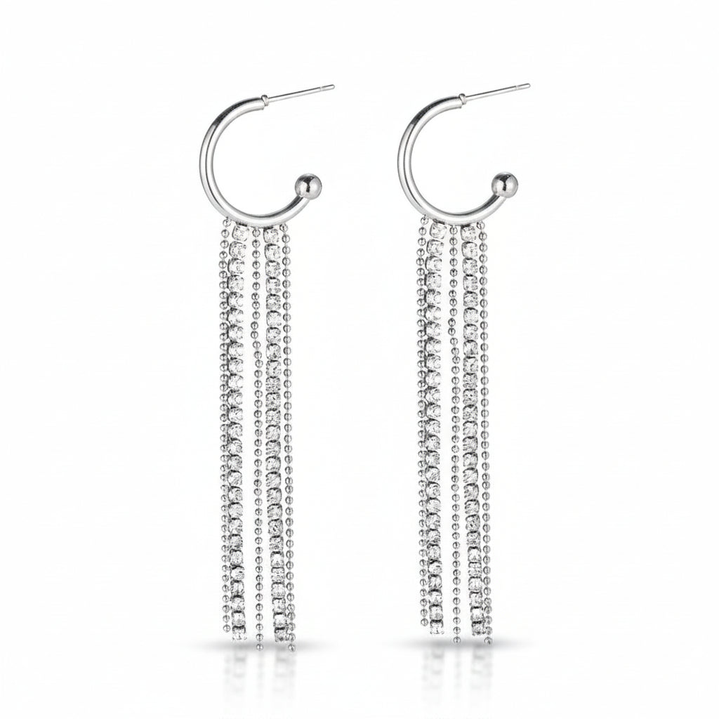 White gold-plated stainless steel hoop earrings with triple cubic zirconia strands – naušnice.