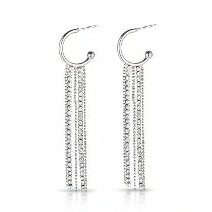 White gold-plated stainless steel hoop earrings with triple cubic zirconia strands – naušnice.