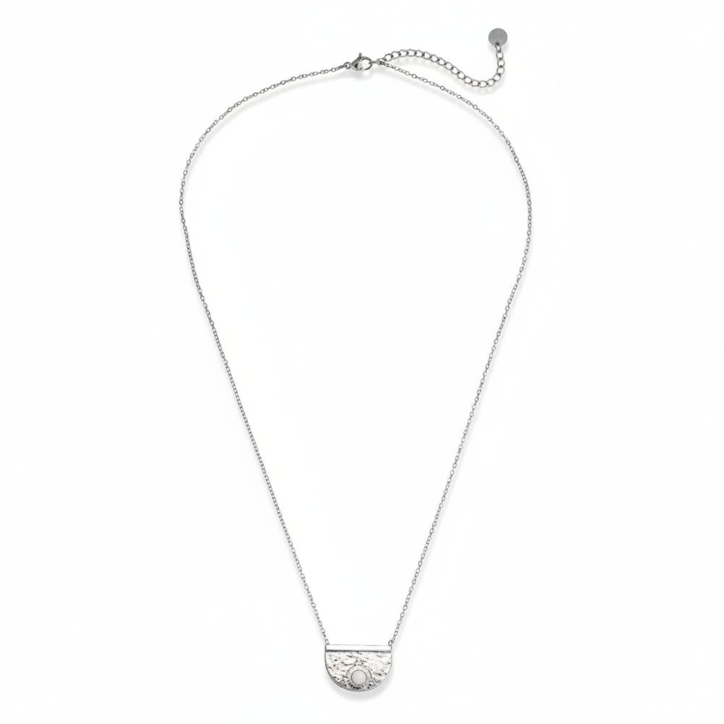 White gold-plated stainless steel delicate half-moon pendant necklace with sun and star motif – ogrlica