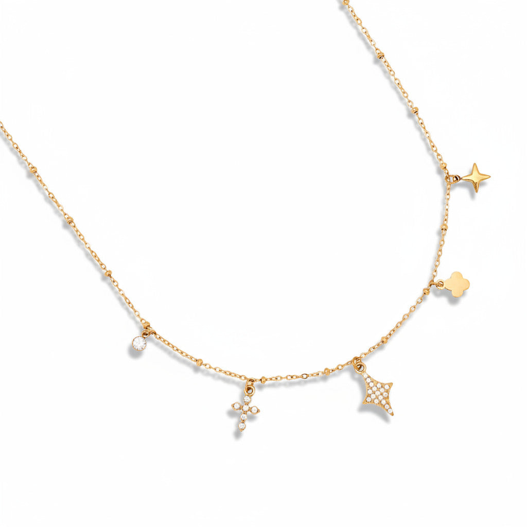 14k gold-plated stainless steel satellite chain necklace with celestial charms including zirconia cross, four-point star, polished clover, and crystal drop – ogrlica