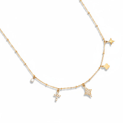 14k gold-plated stainless steel satellite chain necklace with celestial charms including zirconia cross, four-point star, polished clover, and crystal drop – ogrlica