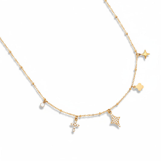 14k gold-plated stainless steel satellite chain necklace with celestial charms including zirconia cross, four-point star, polished clover, and crystal drop – ogrlica