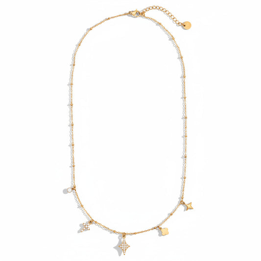 gold-plated stainless steel satellite chain necklace with celestial charms including zirconia cross, four-point star, polished clover, and crystal drop – ogrlica