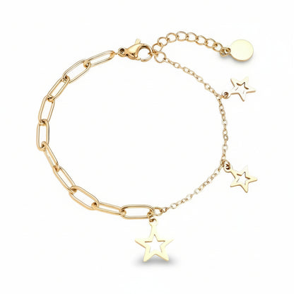 Gold bracelet with star charms on a white background