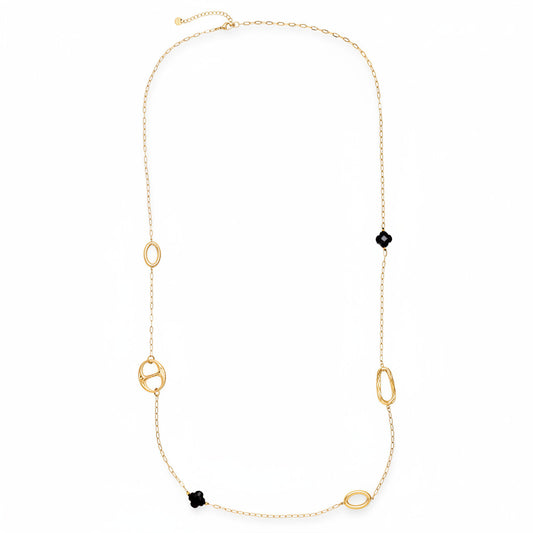 Gold-plated stainless steel extended chain necklace with orbital links and black acrylic clover stations – ogrlica