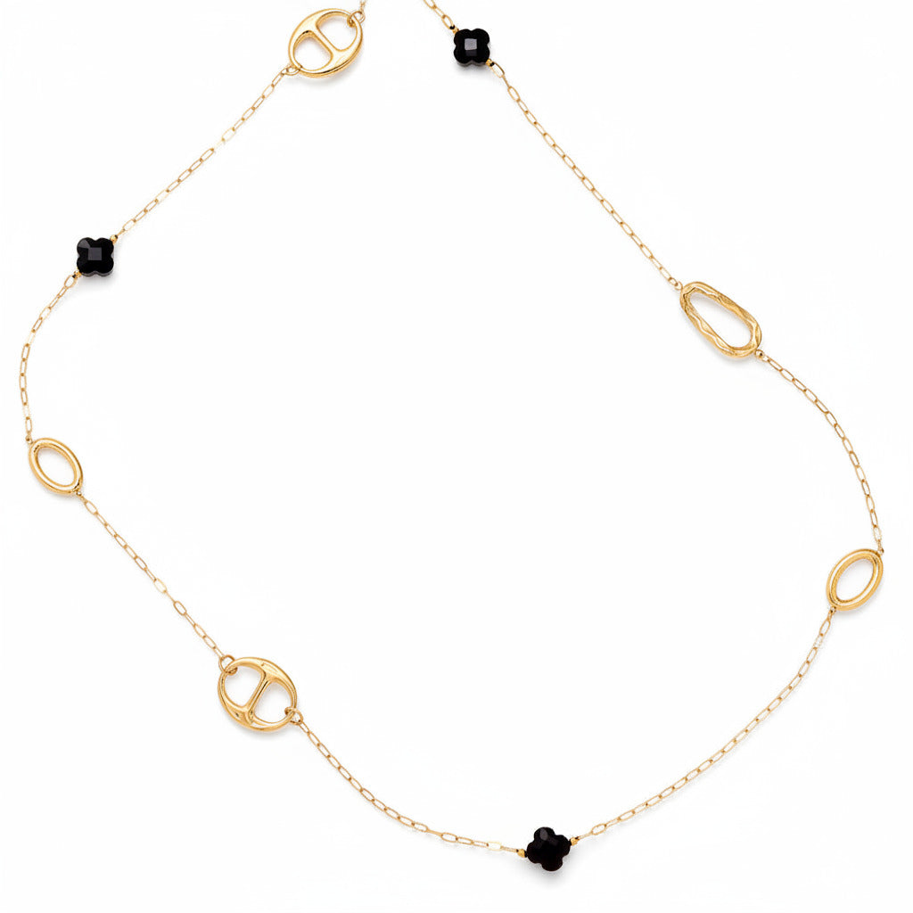 Gold-plated stainless steel extended chain necklace with orbital links and black acrylic clover stations – ogrlica