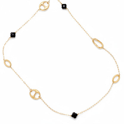Gold-plated stainless steel extended chain necklace with orbital links and black acrylic clover stations – ogrlica