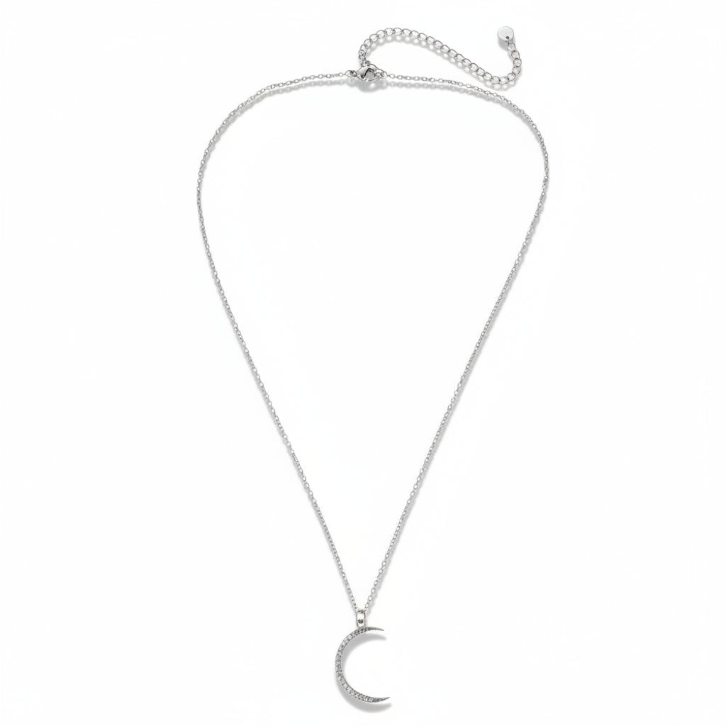 White gold-plated stainless steel delicate crystal crescent moon pendant necklace – ogrlica