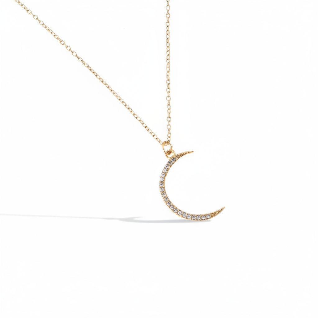 Gold-plated stainless steel delicate crystal crescent moon pendant necklace – ogrlica