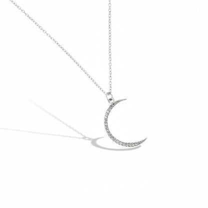 White gold-plated stainless steel delicate crystal crescent moon pendant necklace – ogrlica