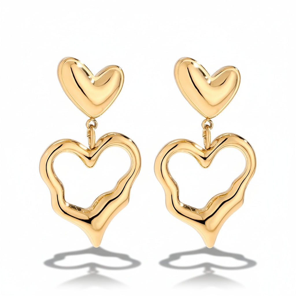 Gold-plated stainless steel drop earrings with solid and open heart charms – naušnice