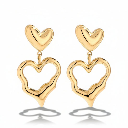 Gold-plated stainless steel drop earrings with solid and open heart charms – naušnice
