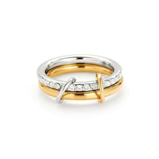 Dual Harmony Ring with linked gold and silver bands and zircon details