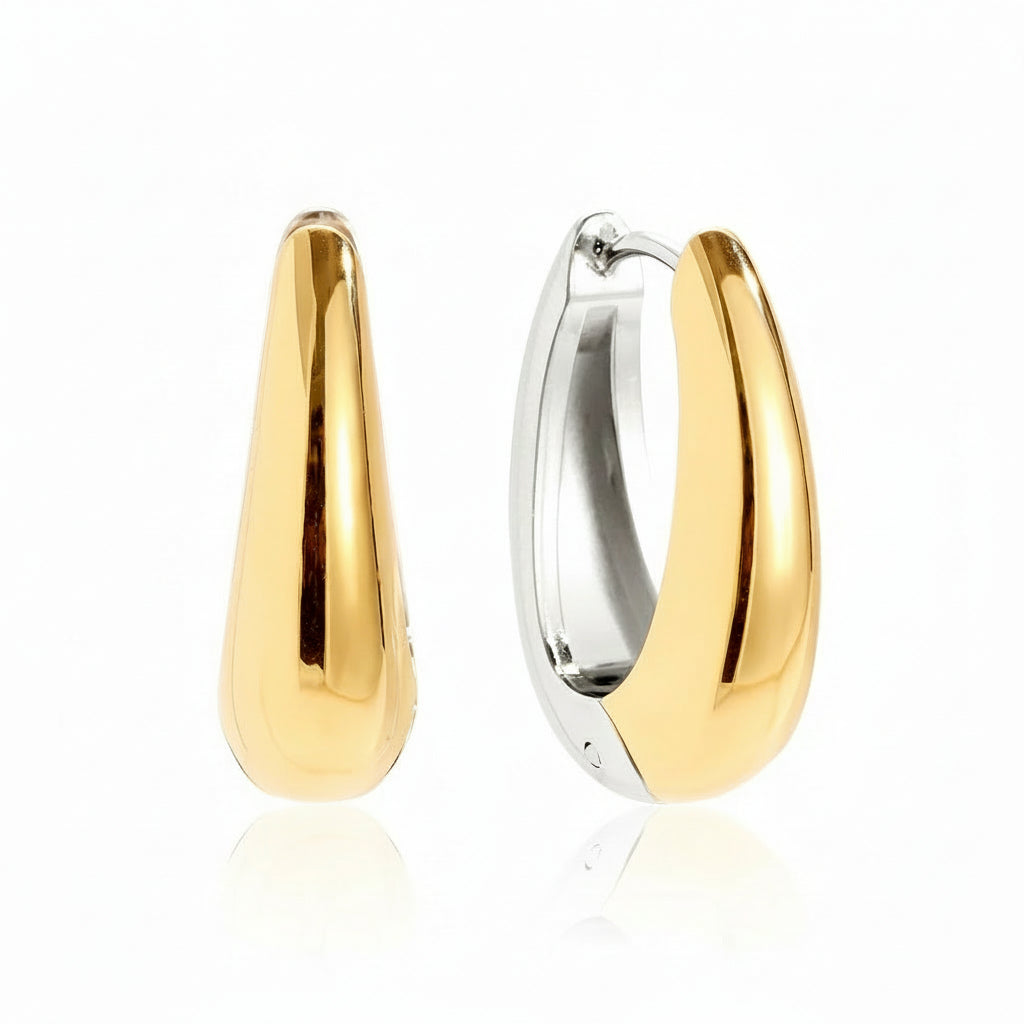 Chunky teardrop hoop earrings with dual-tone gold and silver finish – naušnice