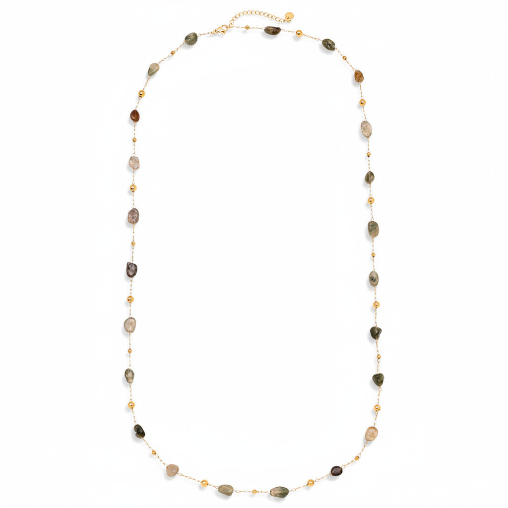 Gold-plated stainless steel long chain necklace with natural green agate stones and gold bead accents – ogrlica