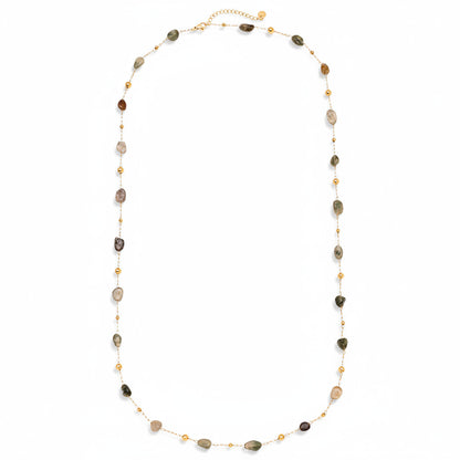 Gold-plated stainless steel long chain necklace with natural green agate stones and gold bead accents – ogrlica