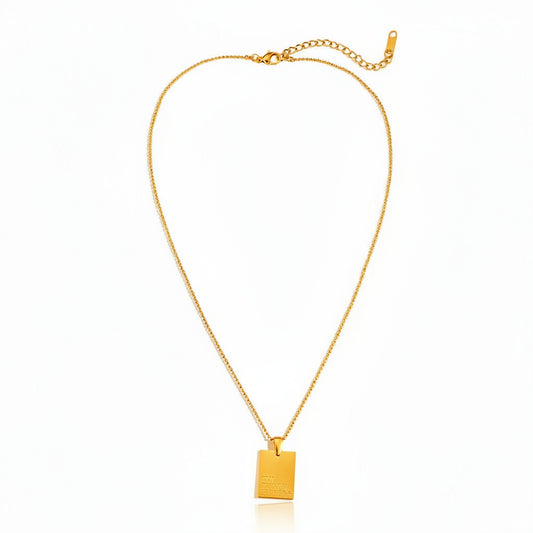 Gold-plated stainless steel ball chain necklace with engraved mantra tag – ogrlica